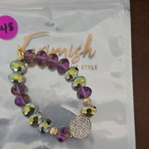Erimish Purple and Green Faceted Bead Stretch Bracelet with Pave Charm